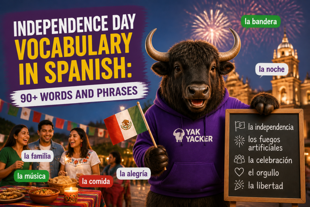Independence Day celebration with Spanish vocabulary labels