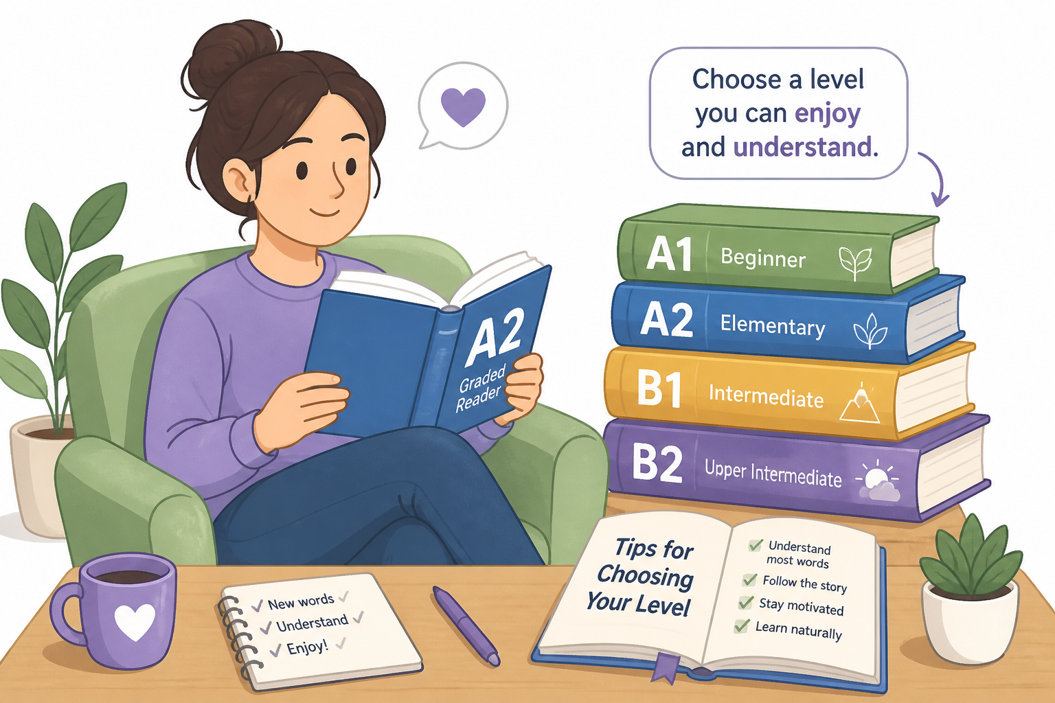 Learner reading a graded reader beside books labeled by level