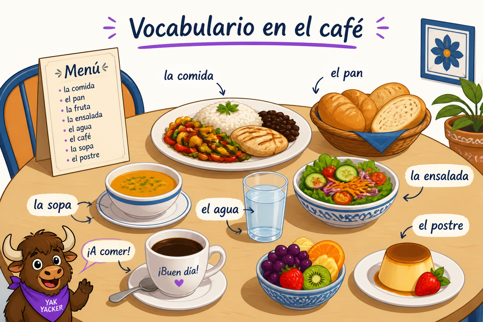 Illustrated menu and table with labeled Spanish food items