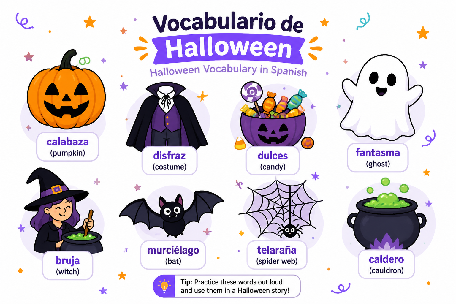 Illustrated Halloween vocabulary collage with labeled costume, pumpkin, candy, ghost, and witch items