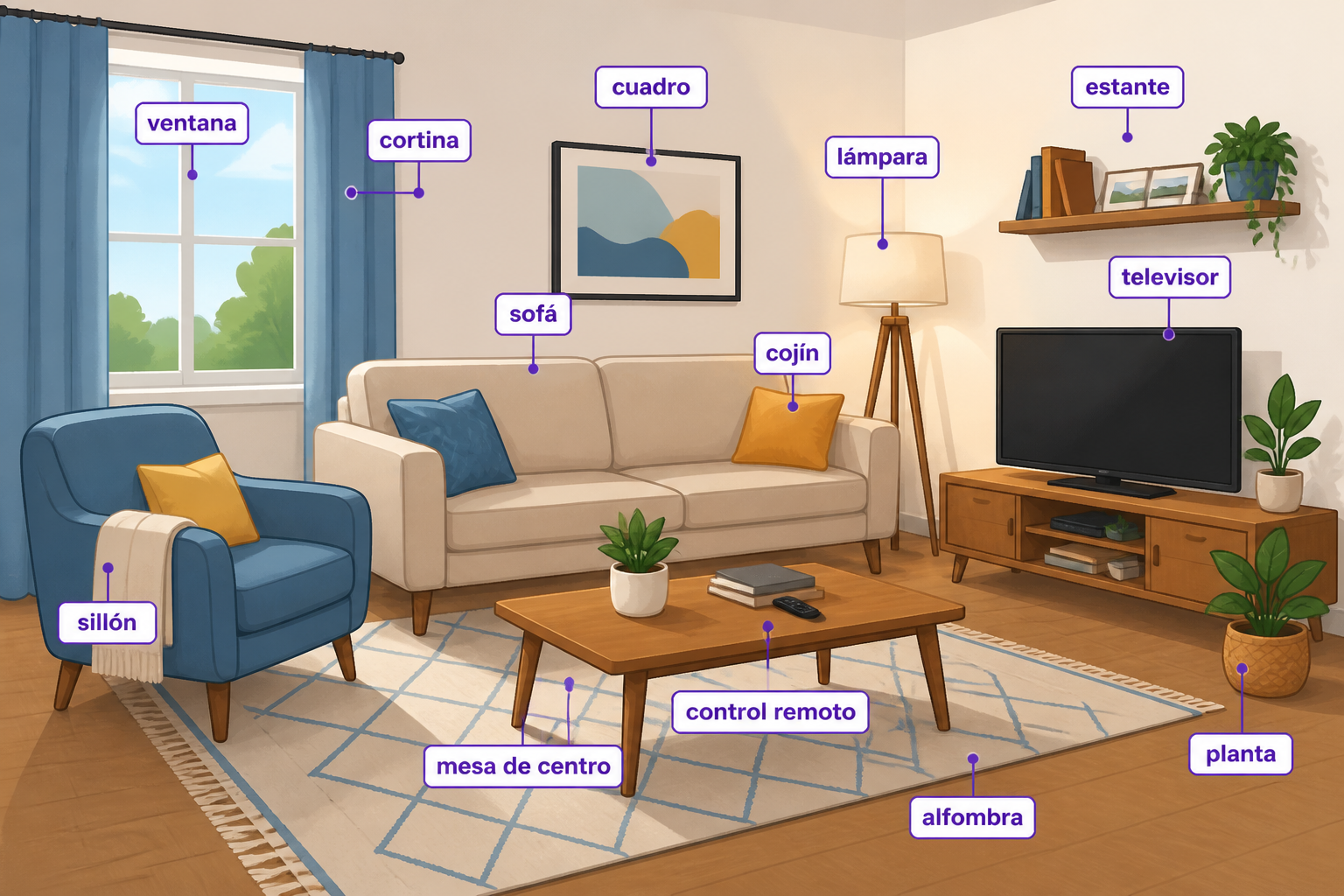 Illustrated living room with labeled everyday objects