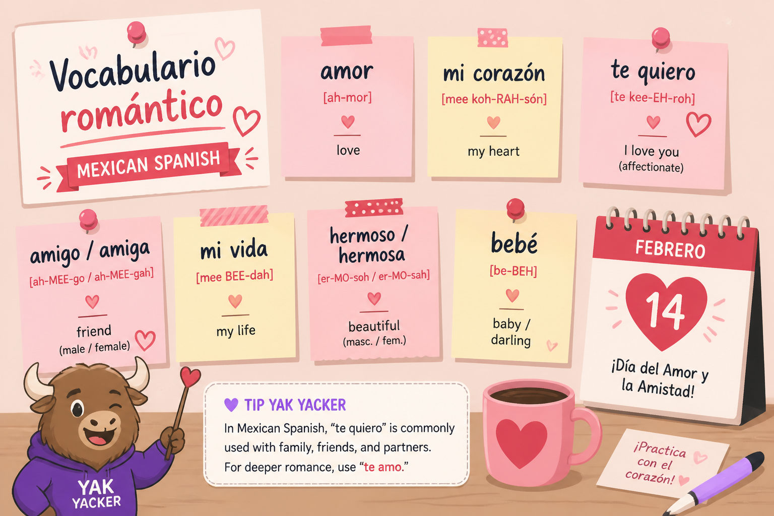 Bright Valentine’s Day Spanish vocabulary cheat sheet with hearts and sticky notes