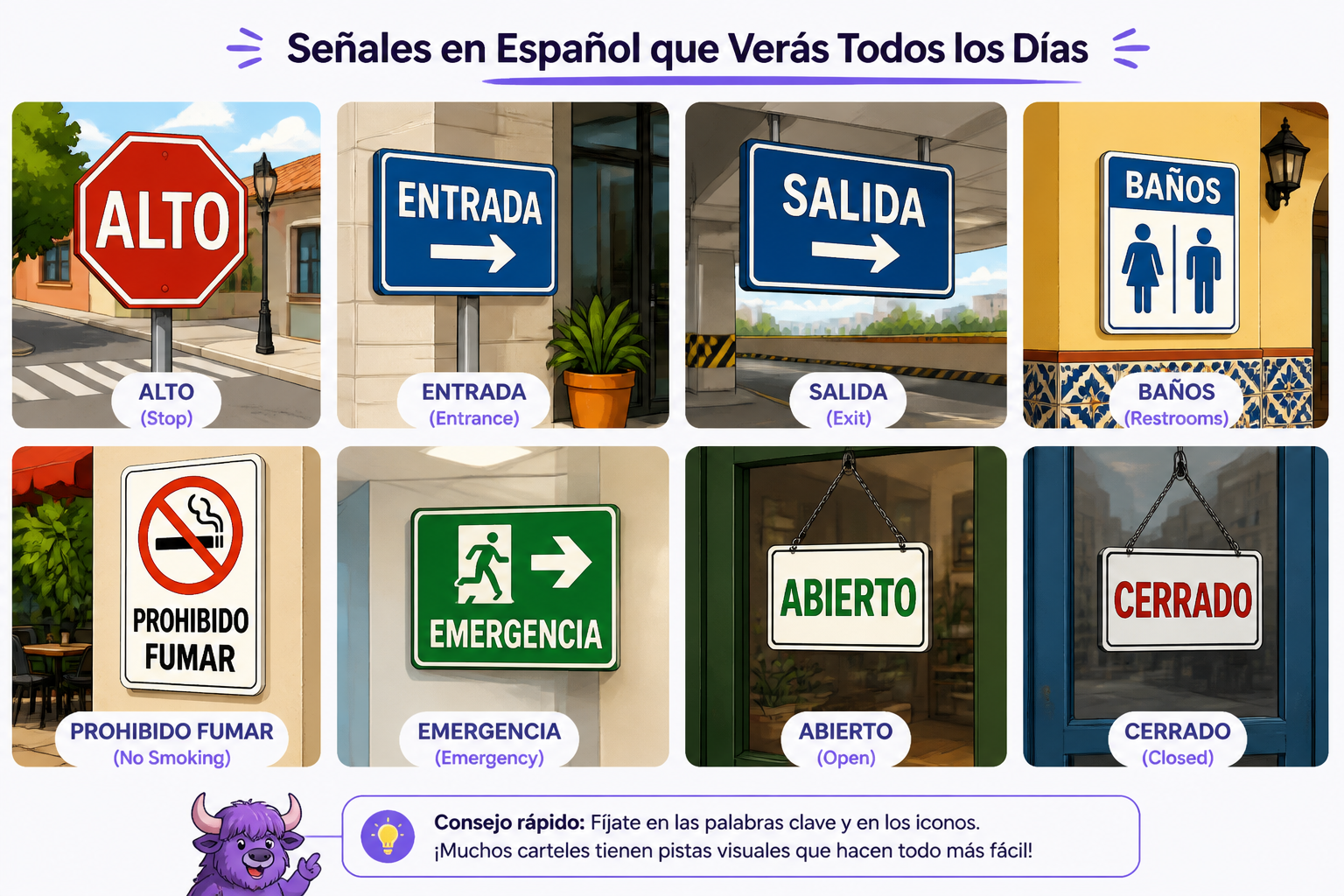 Collage of common Spanish street signs and labels