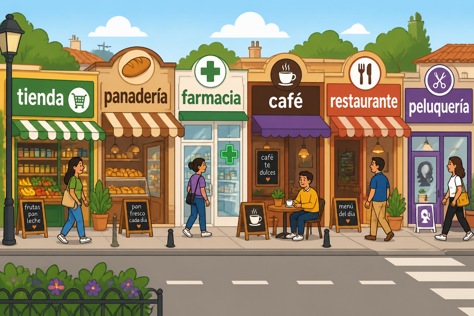 Labeled street scene with different kinds of shops