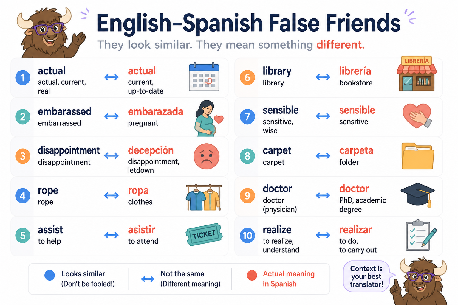 Infographic of common English-Spanish false friends with corrected meanings
