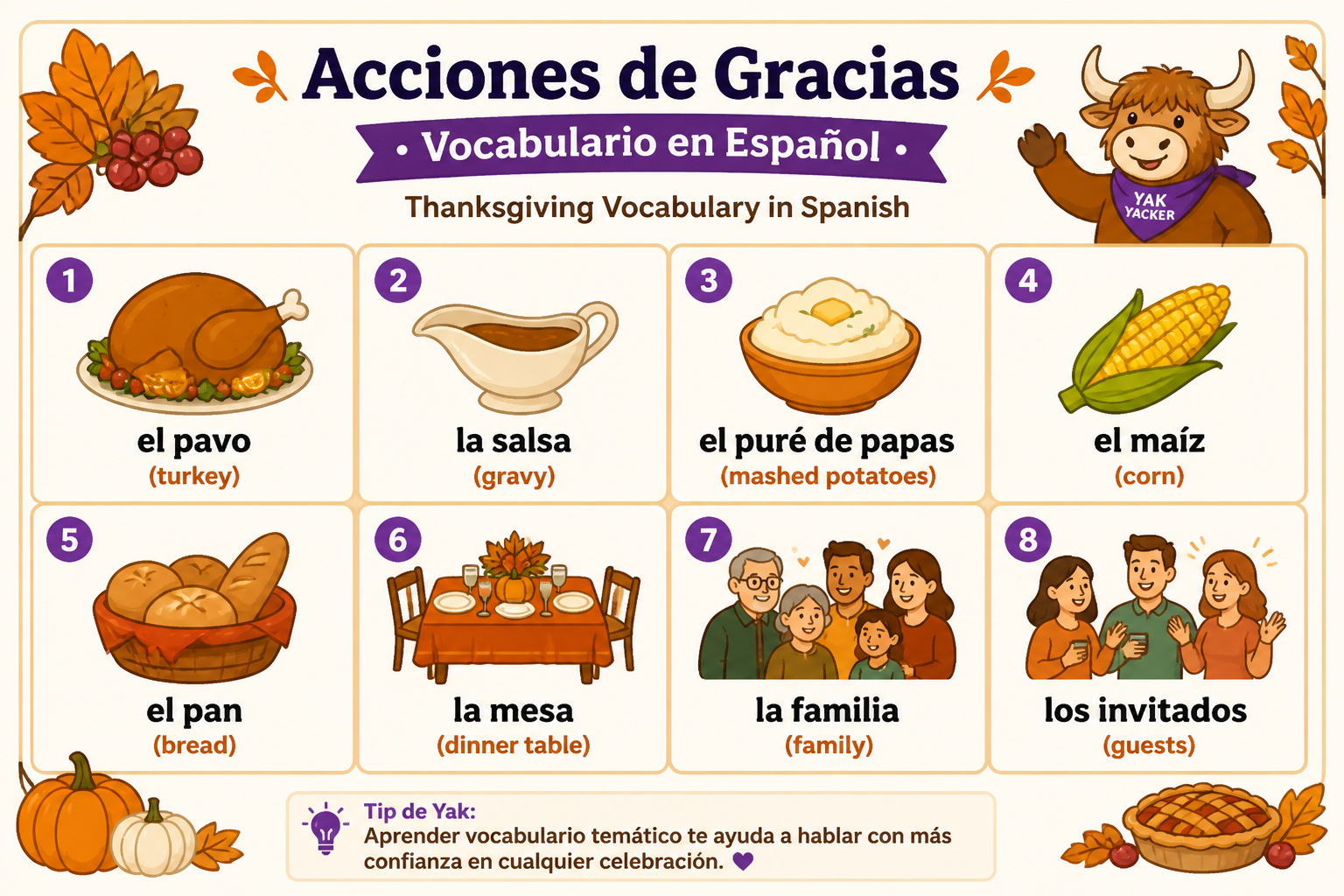 A simple Thanksgiving vocabulary chart with Spanish words and English meanings