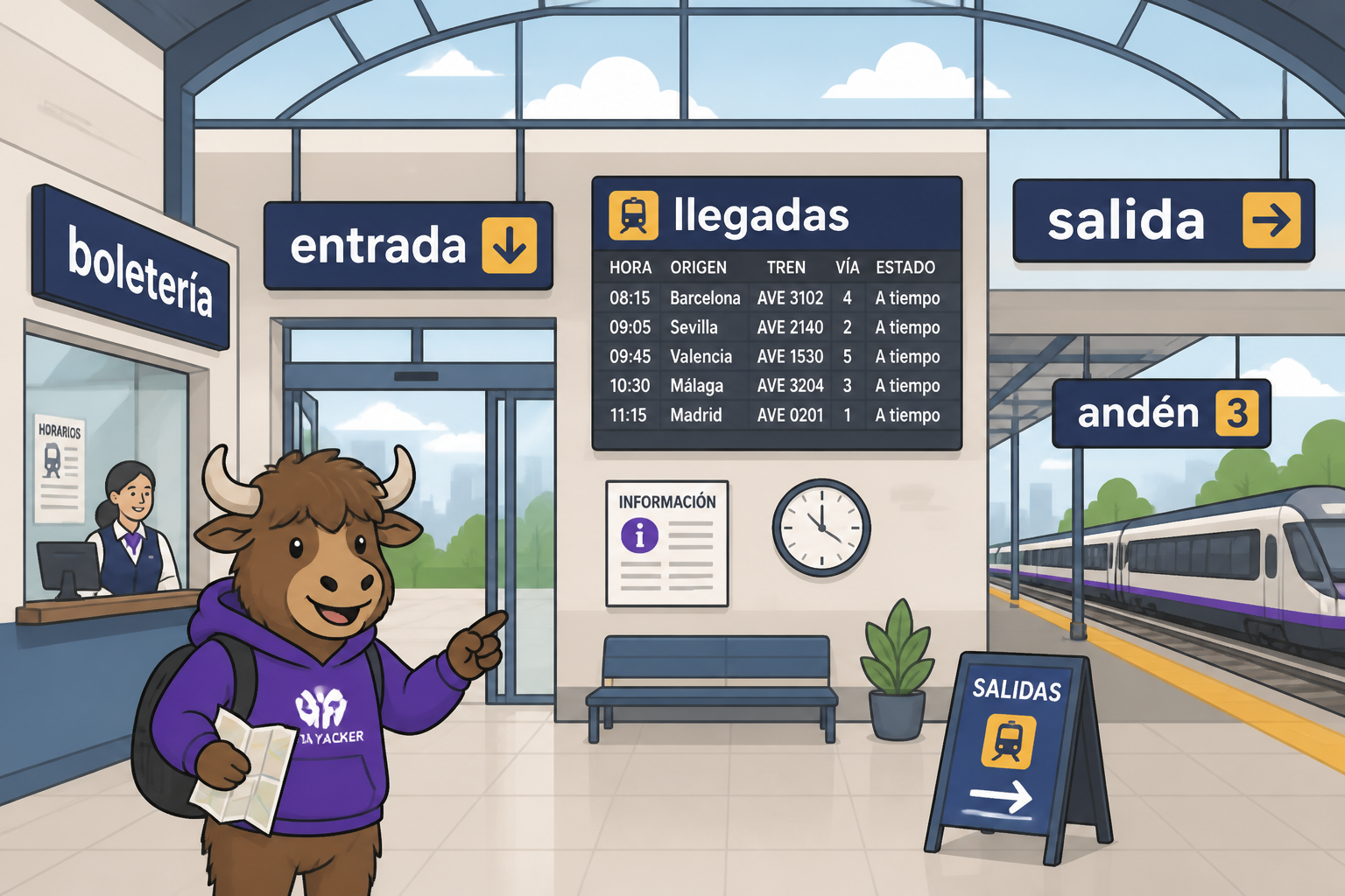 Illustrated Spanish train station signs for entrance, exit, arrivals, and platform.