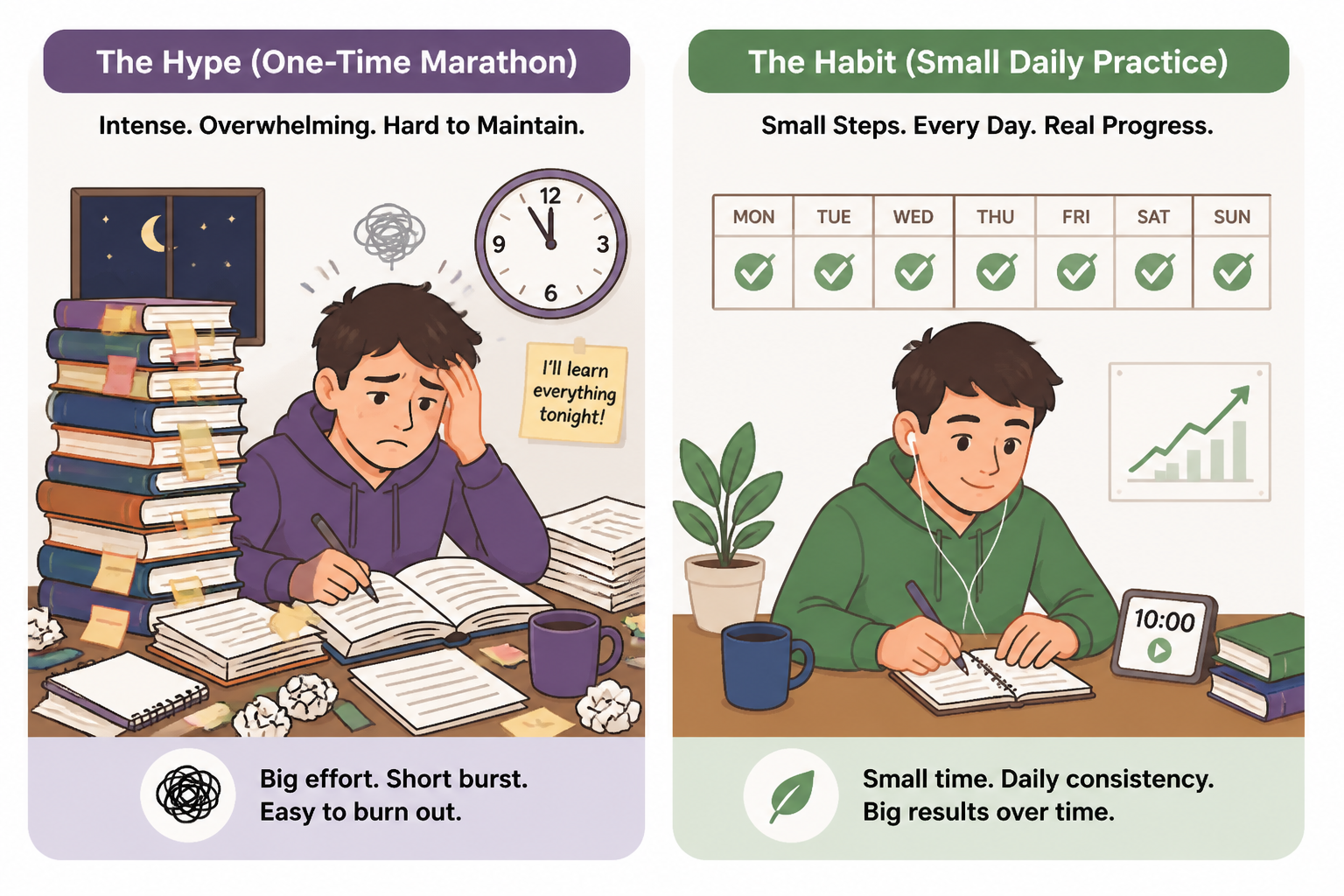 Comparison of a long study binge and small daily language practice