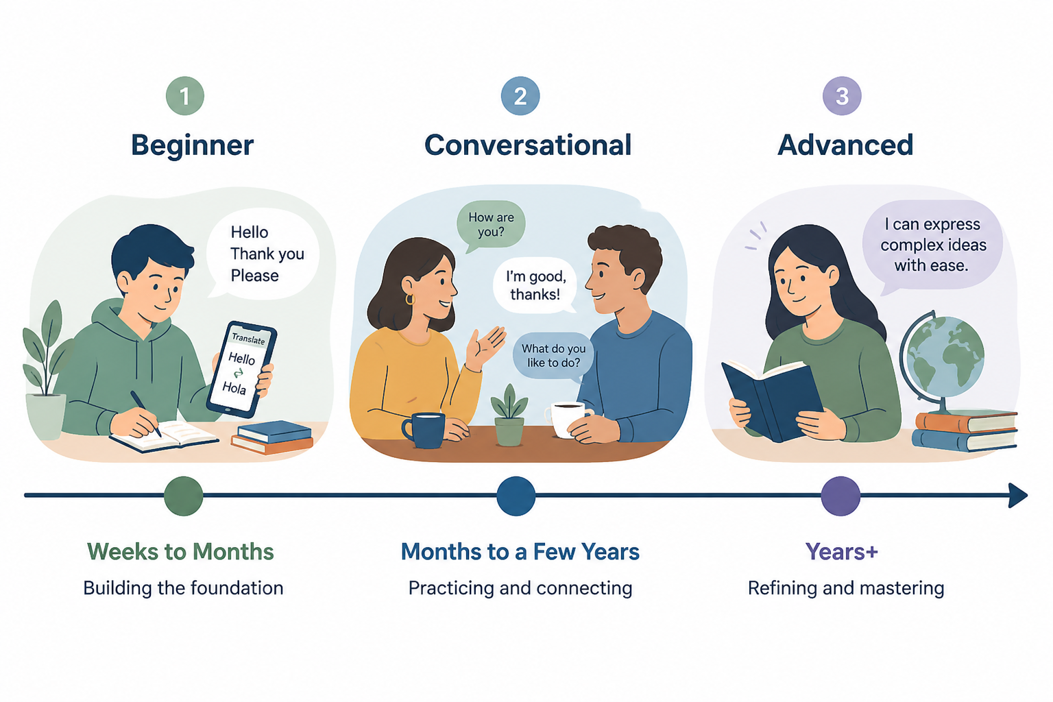Timeline from beginner to conversational to advanced language learning progress