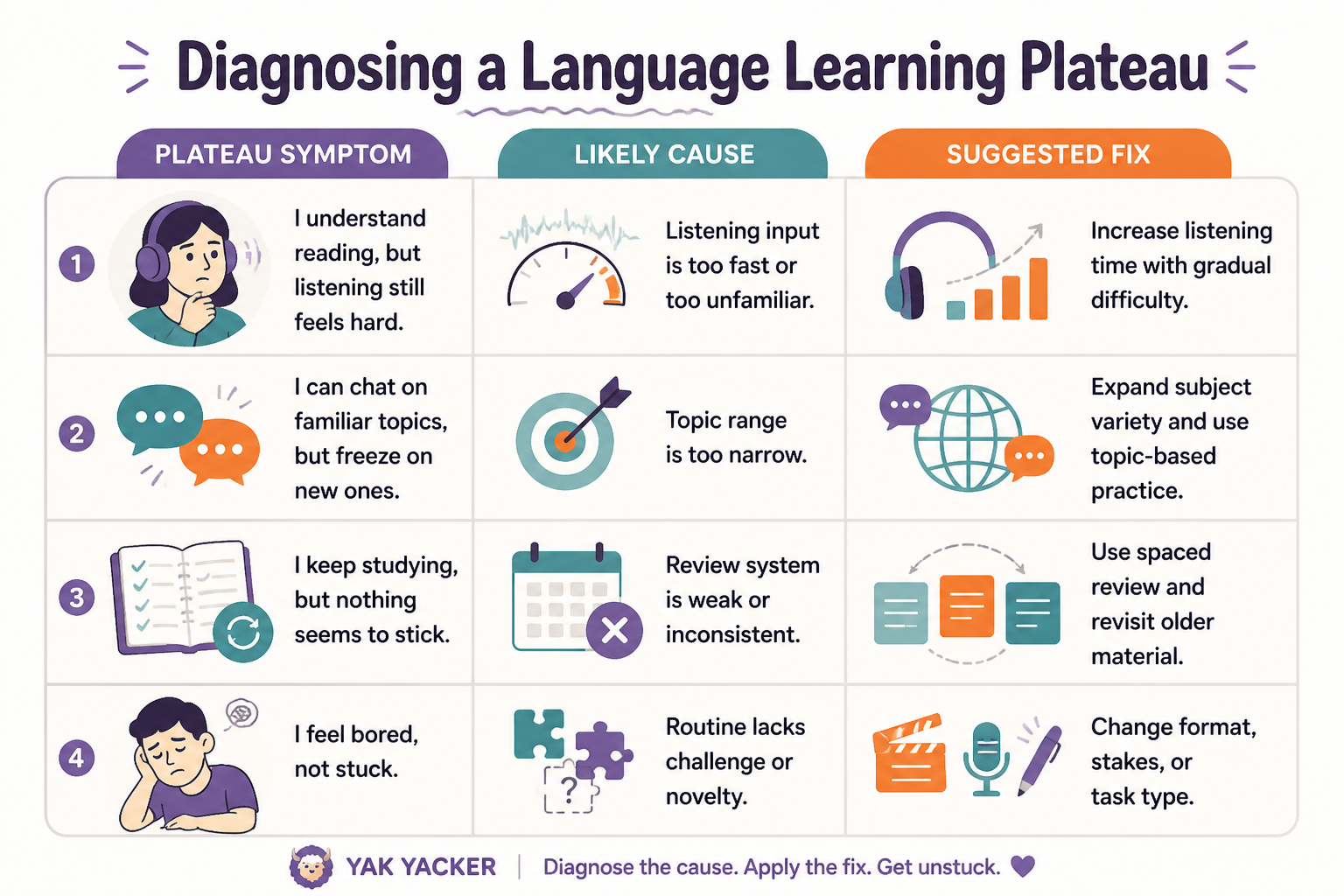 Diagnostic chart of language learning plateau types and fixes