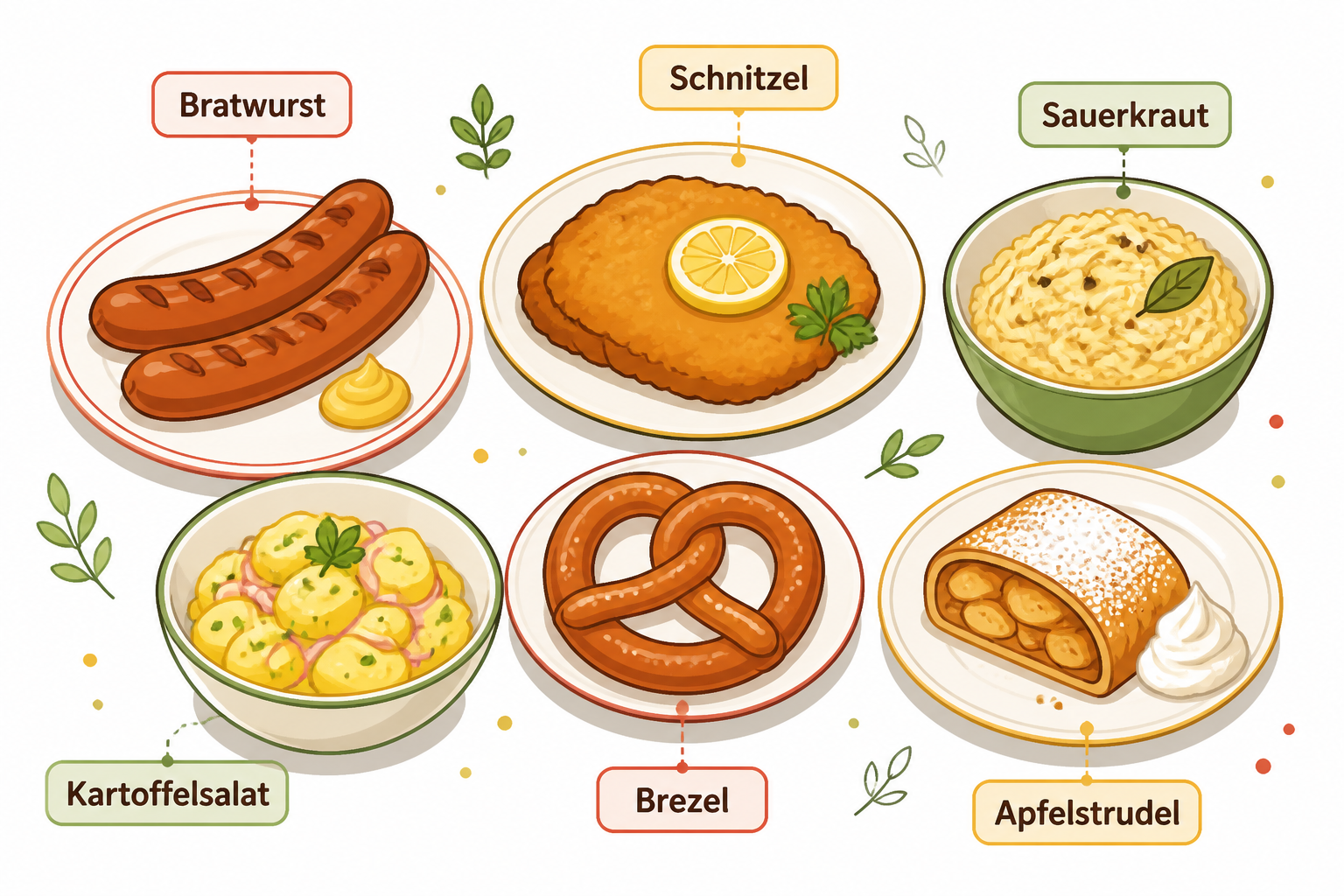 Illustration of common German dishes with labels