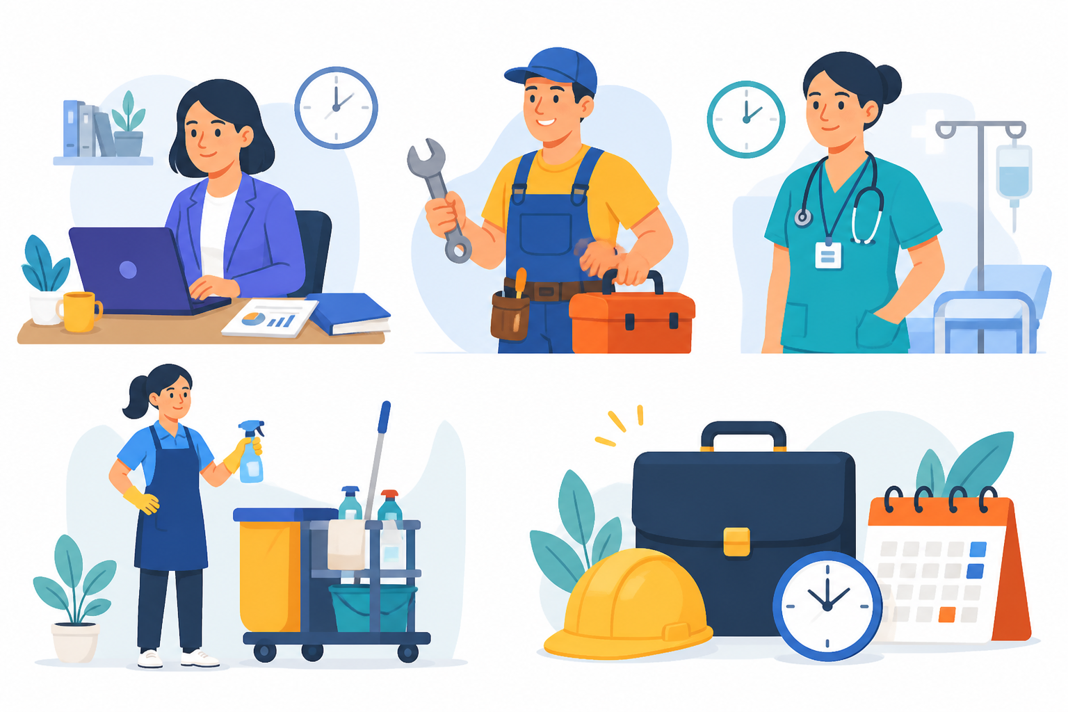 Bright illustrated collage of common jobs and workplace items