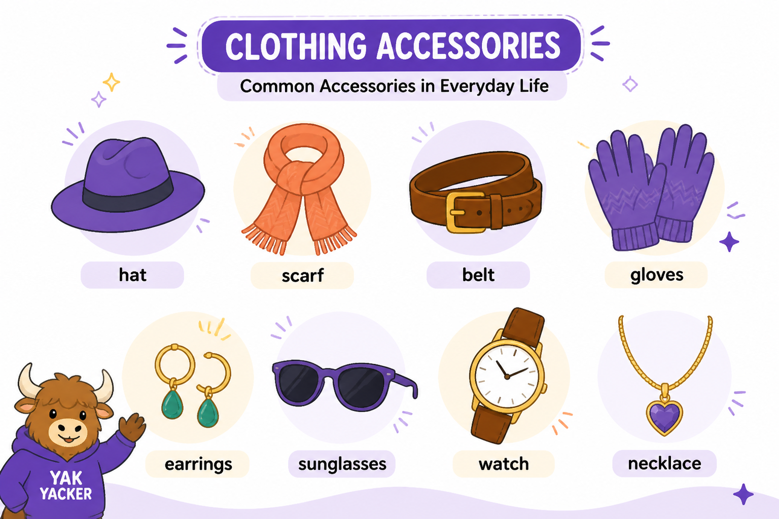 Illustration of common clothing accessories like a hat, scarf, belt, gloves, earrings, and sunglasses