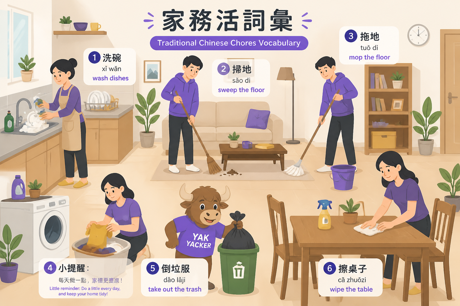 Illustrated home chores overview with common cleaning tasks