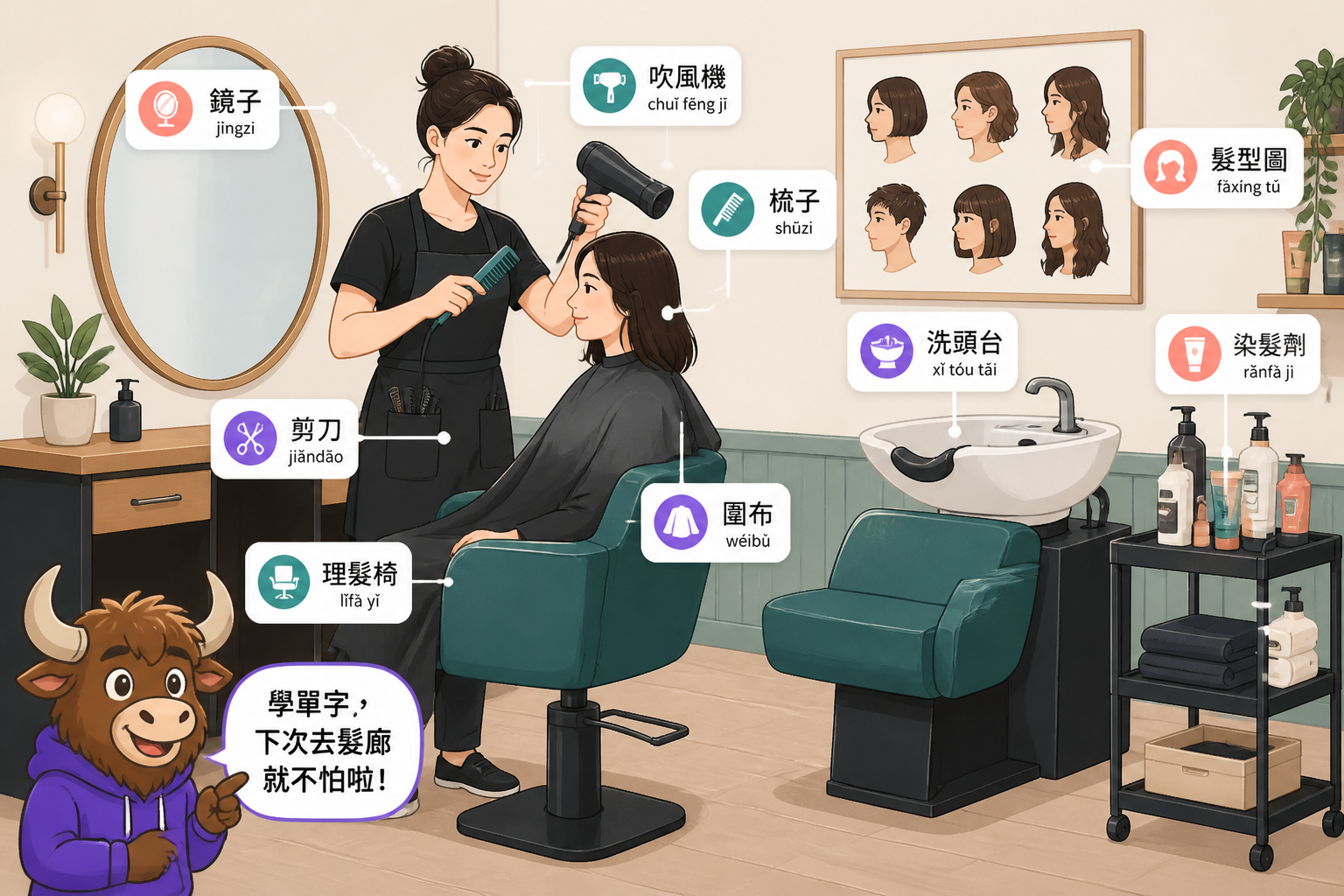 Illustrated salon scene with hair vocabulary labels