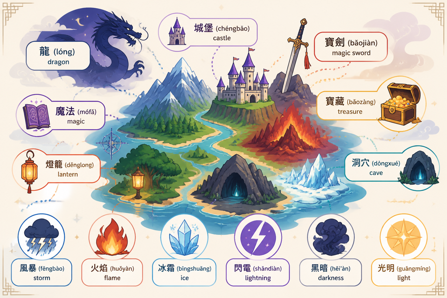 Illustrated map of fantasy and adventure vocabulary