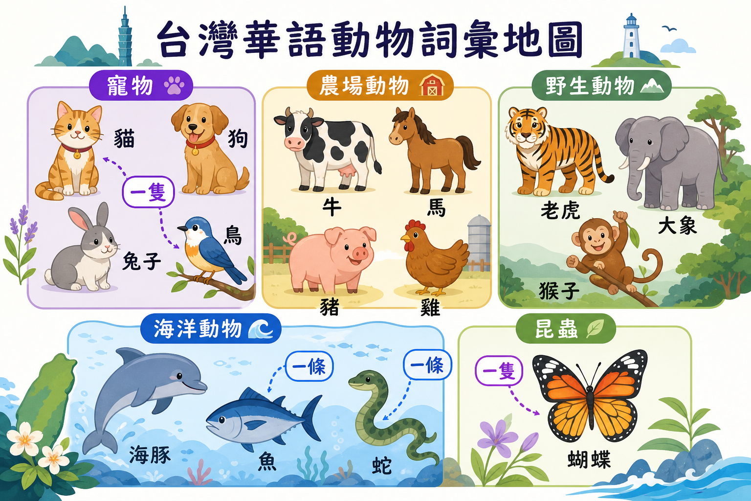 Illustrated animal vocabulary map with Traditional Chinese labels.