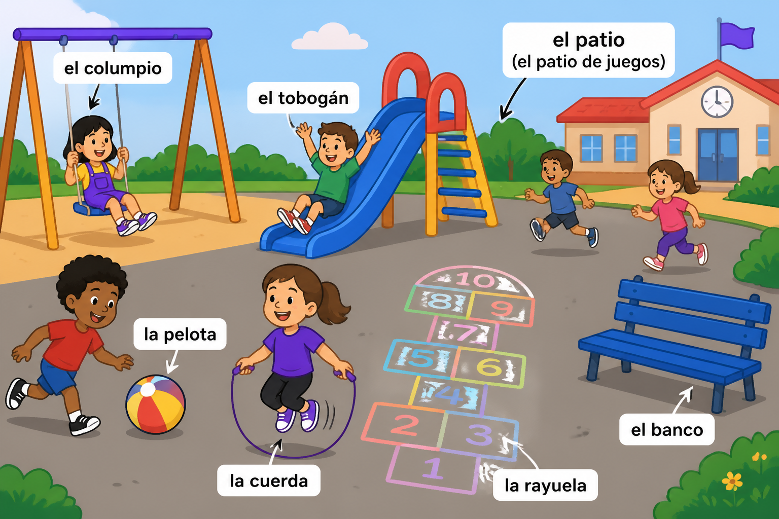 Labeled playground scene showing recess items