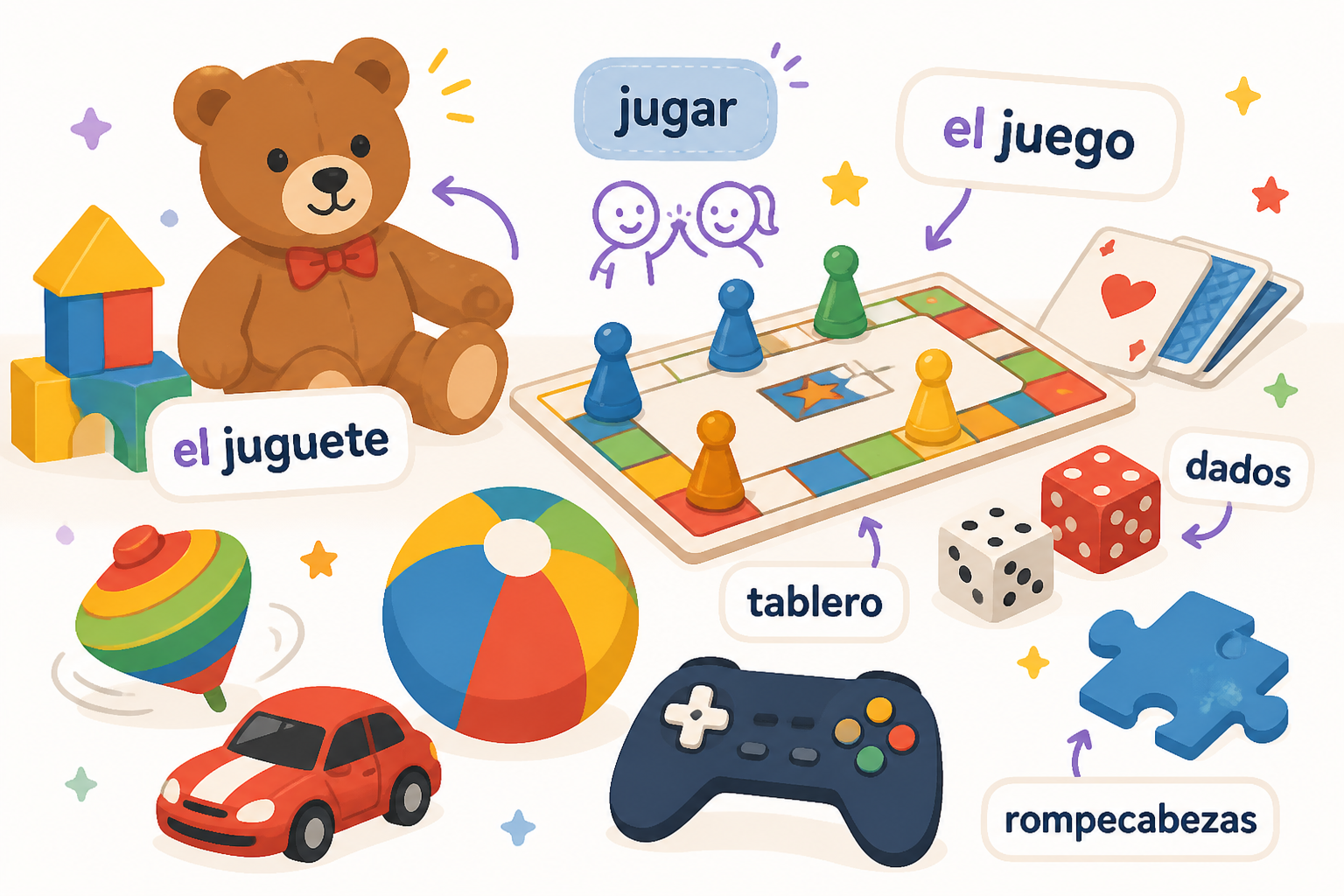 Colorful illustration of toys, board games, and playing vocabulary