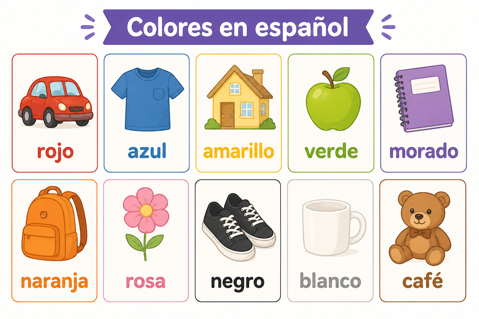 Color chart with common Spanish color words and everyday objects