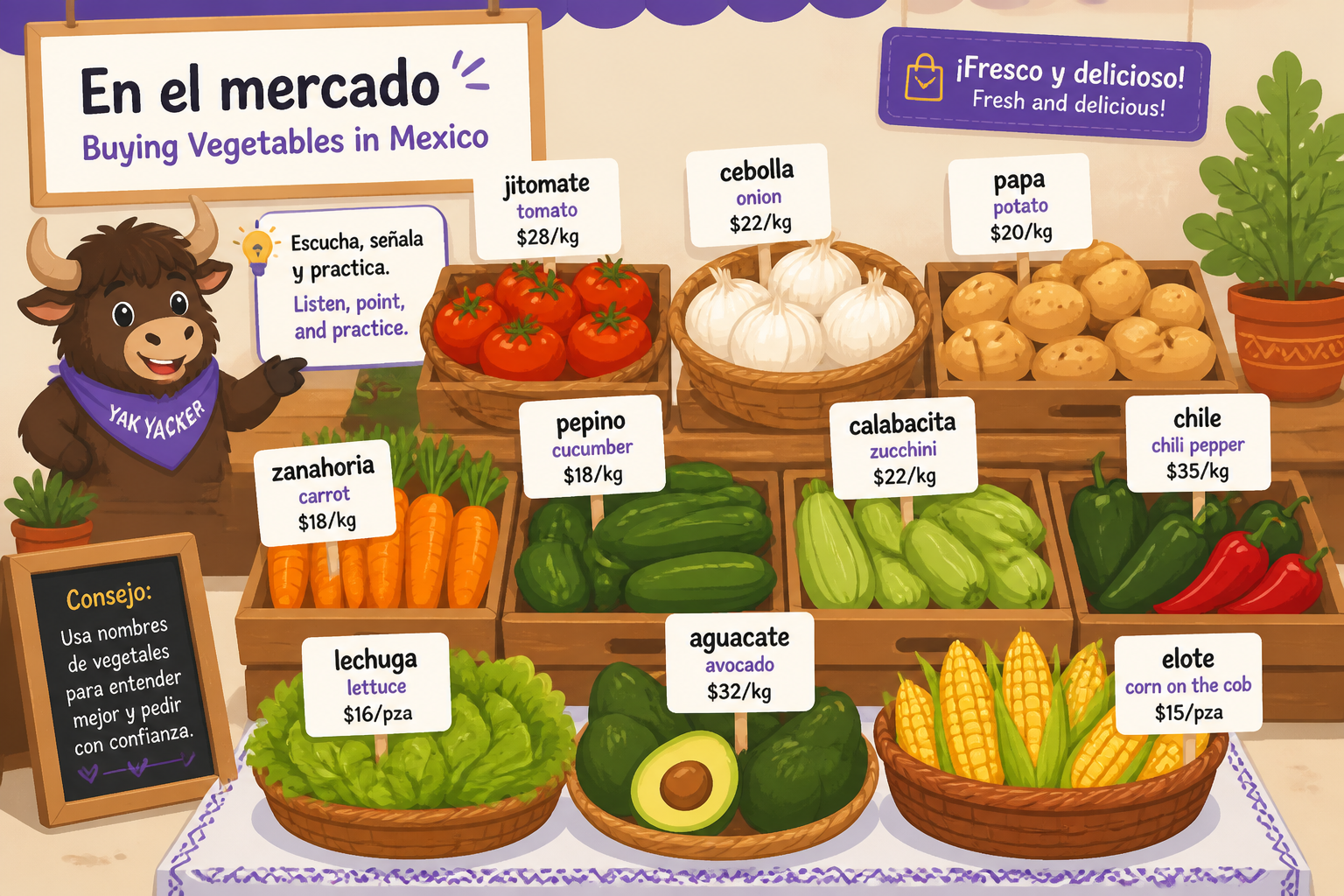 Illustrated market vegetables with Spanish labels
