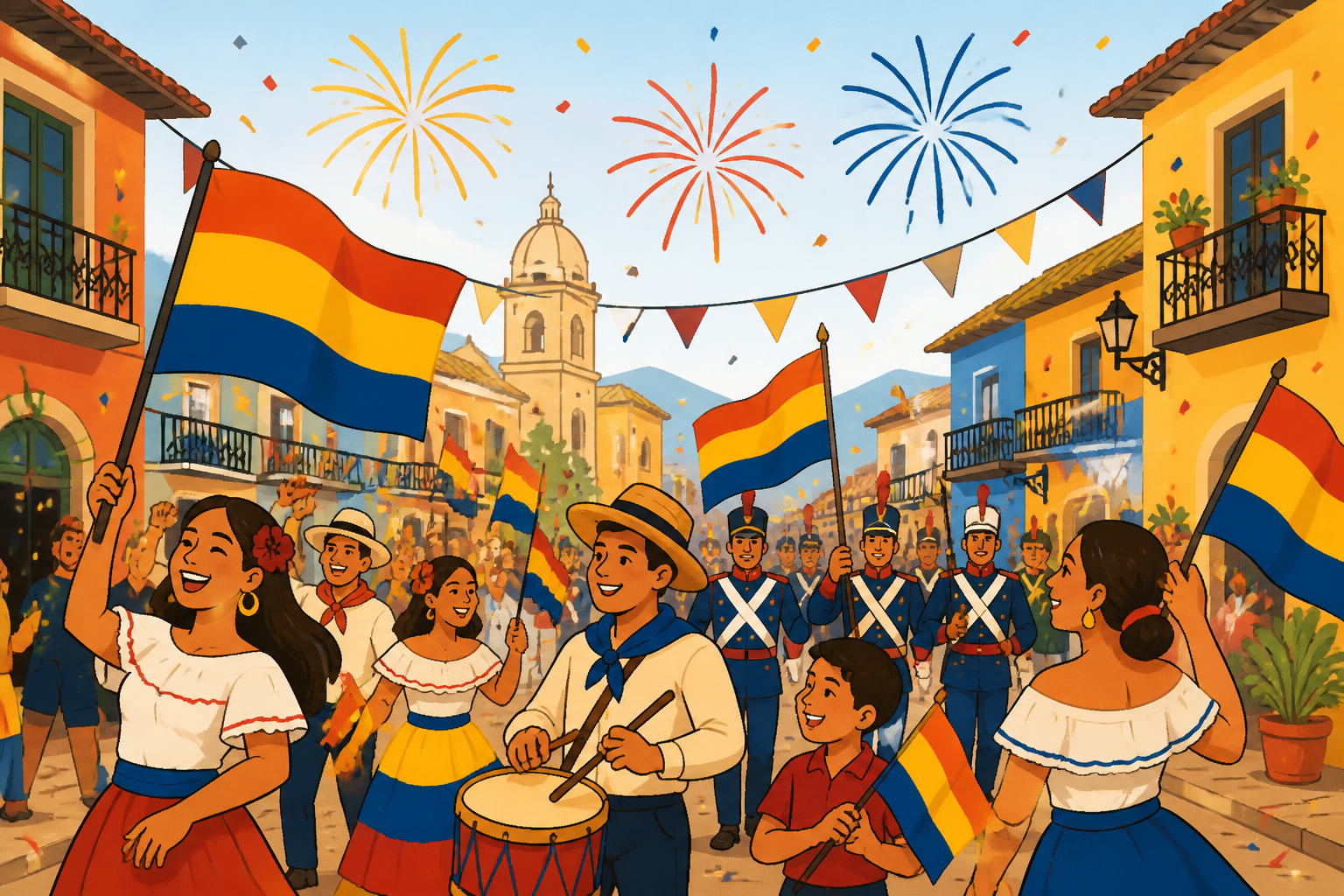 Festive street celebration with flags and fireworks