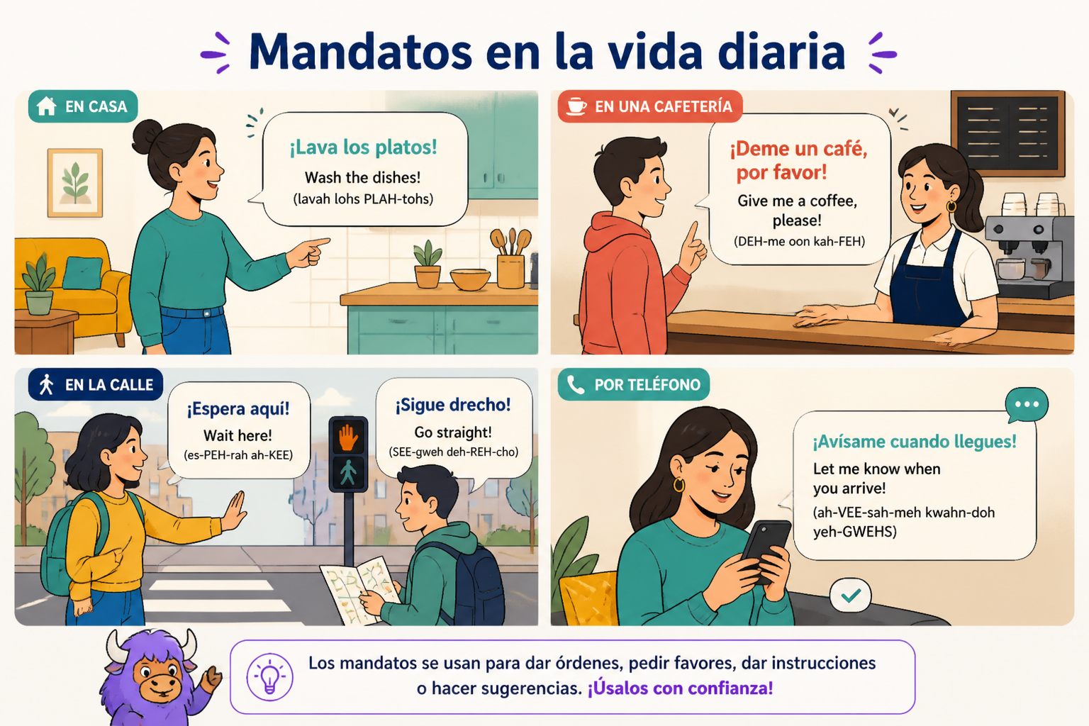 Illustration of common Spanish command situations at home, a café, the street, and on a phone