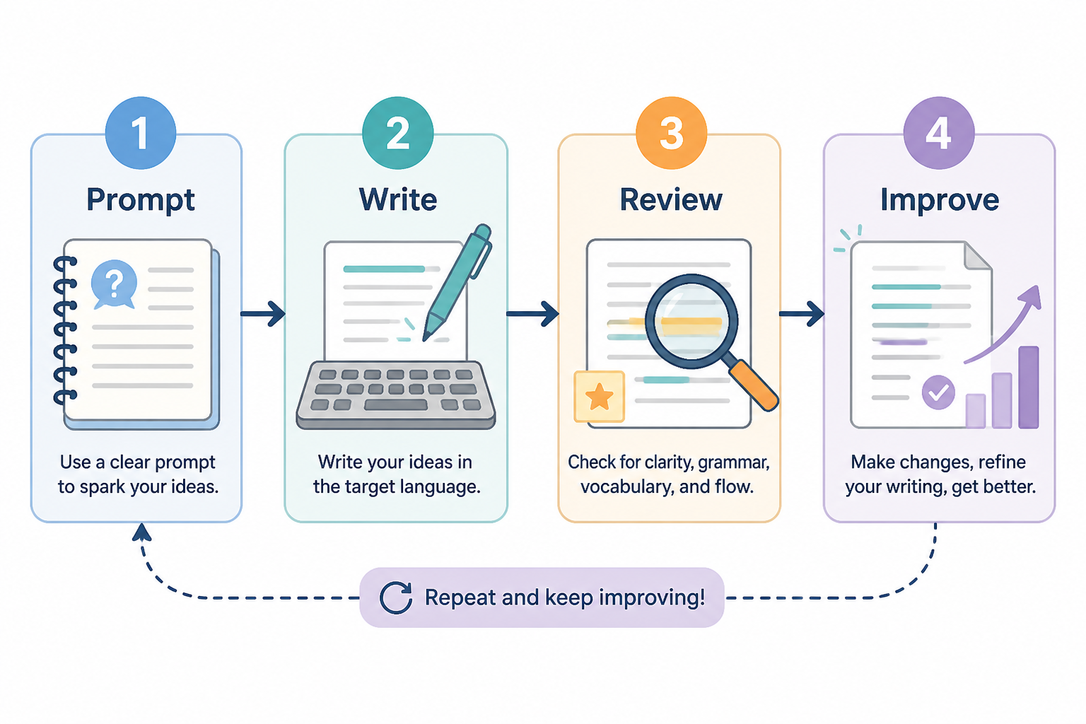 Flow chart showing prompt, write, review, and improve in a daily writing routine