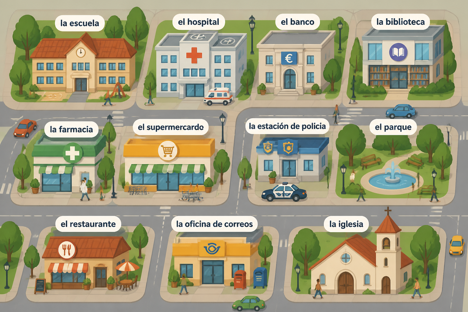 Illustrated city map with common buildings labeled in Spanish