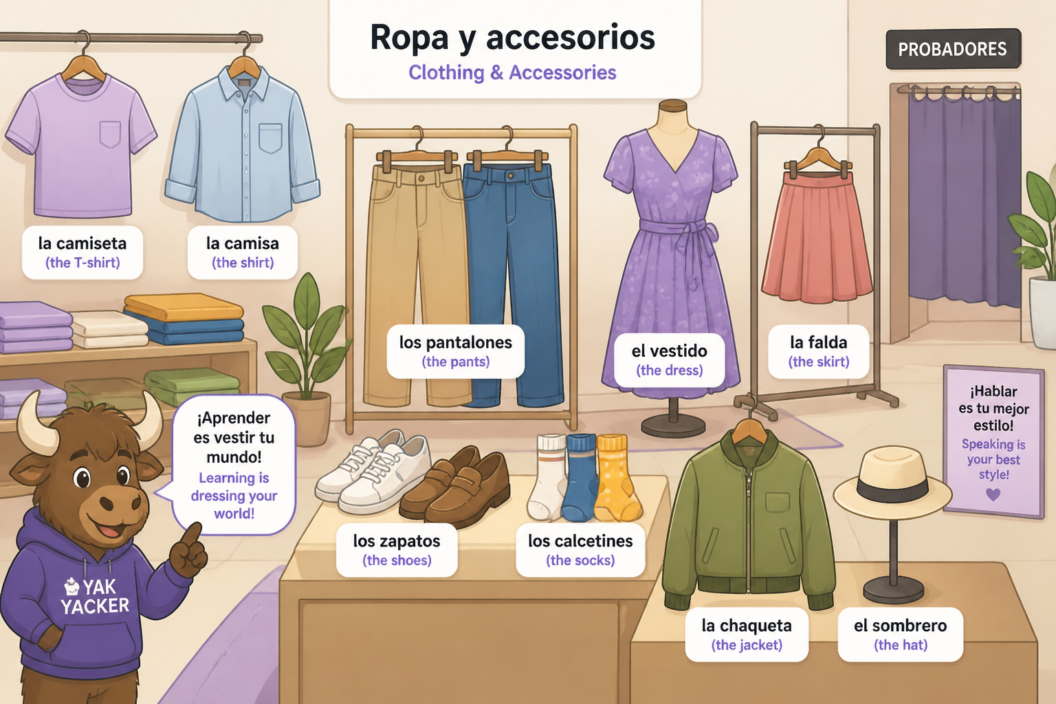 Labeled clothing items in a bright store scene