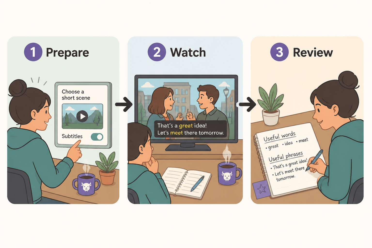 Three-step learning loop: prepare, watch, review