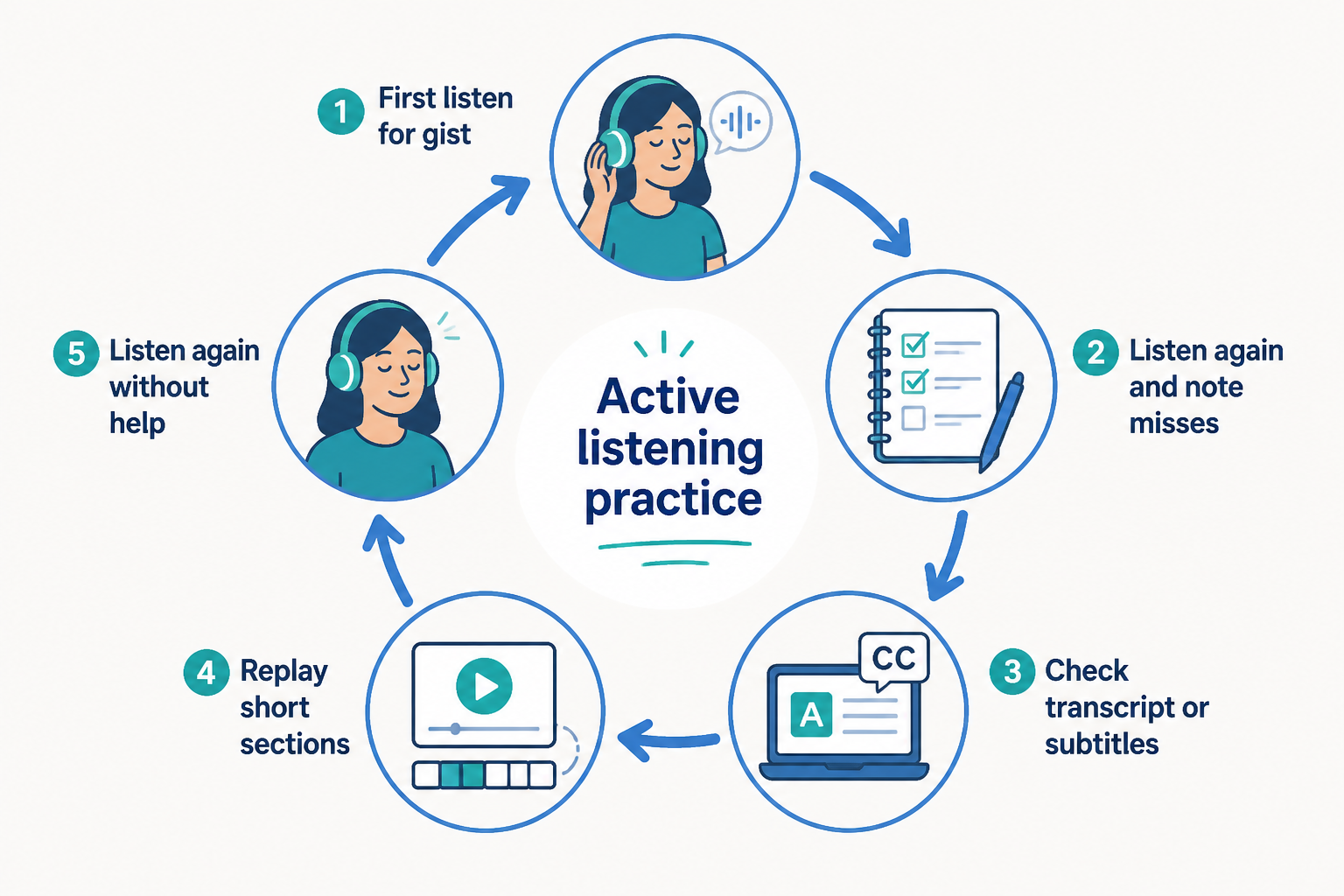 Five-step listening practice loop diagram