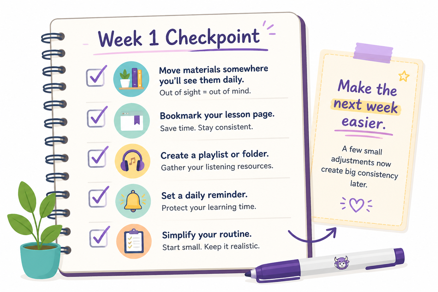 Checklist of week-one routine adjustments