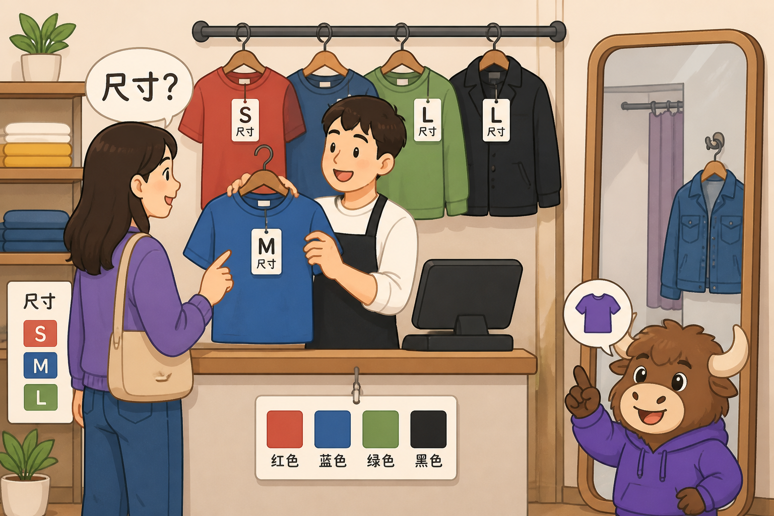 Clothing shop scene with size tags and color swatches