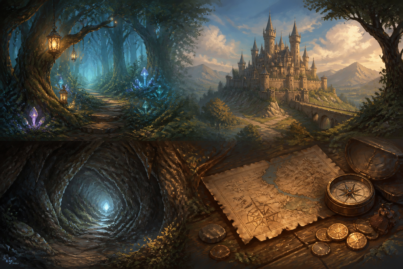 Fantasy mood board with a forest, castle, cave, and treasure clues