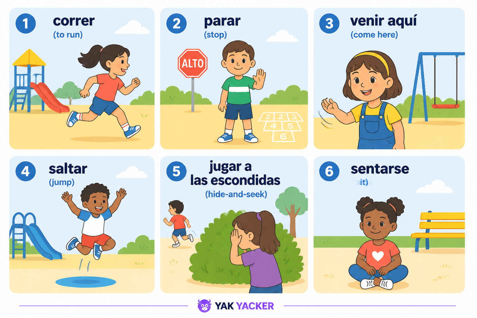 Cheat sheet of children’s playground actions in Spanish