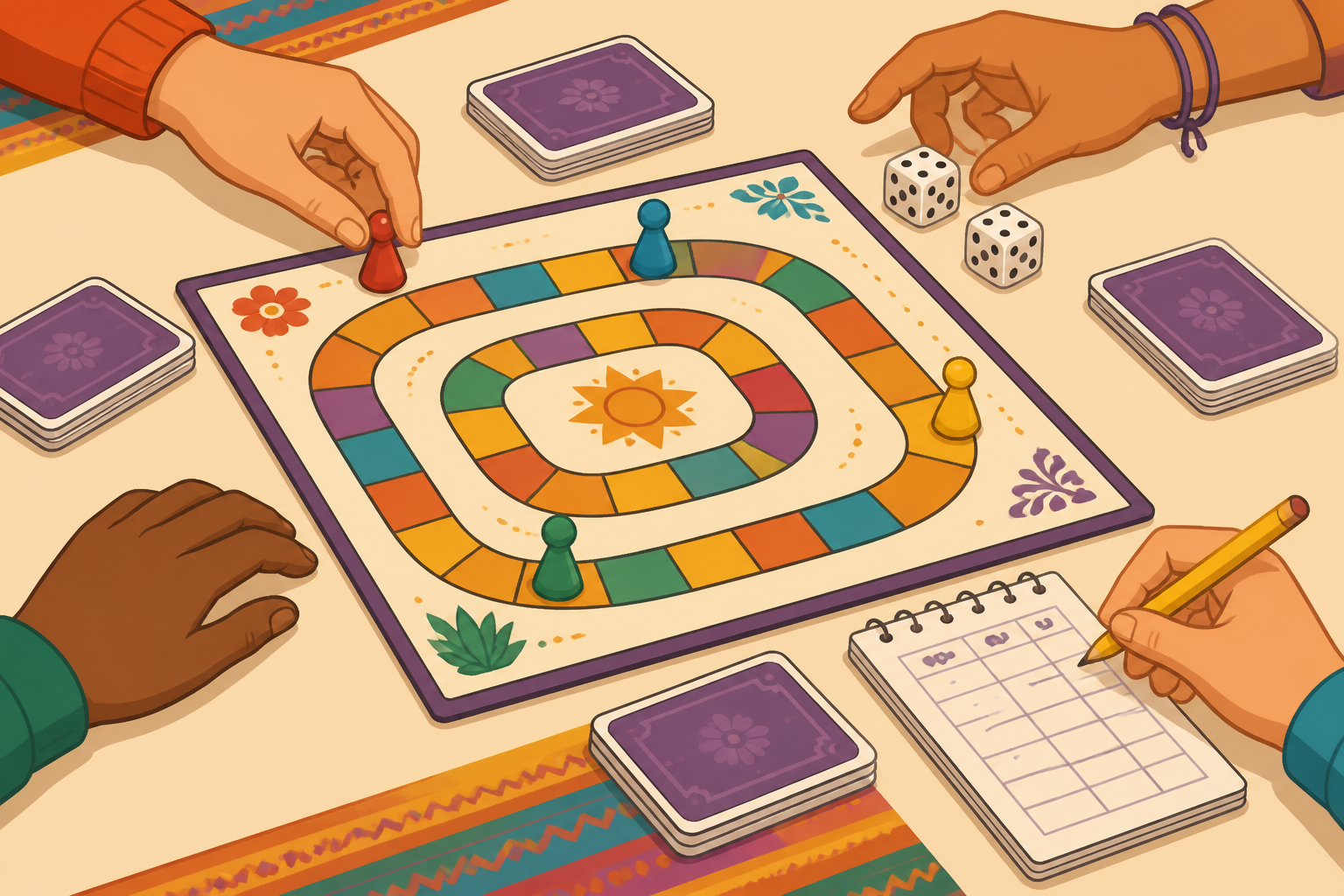 Board game setup with dice, cards, and tokens