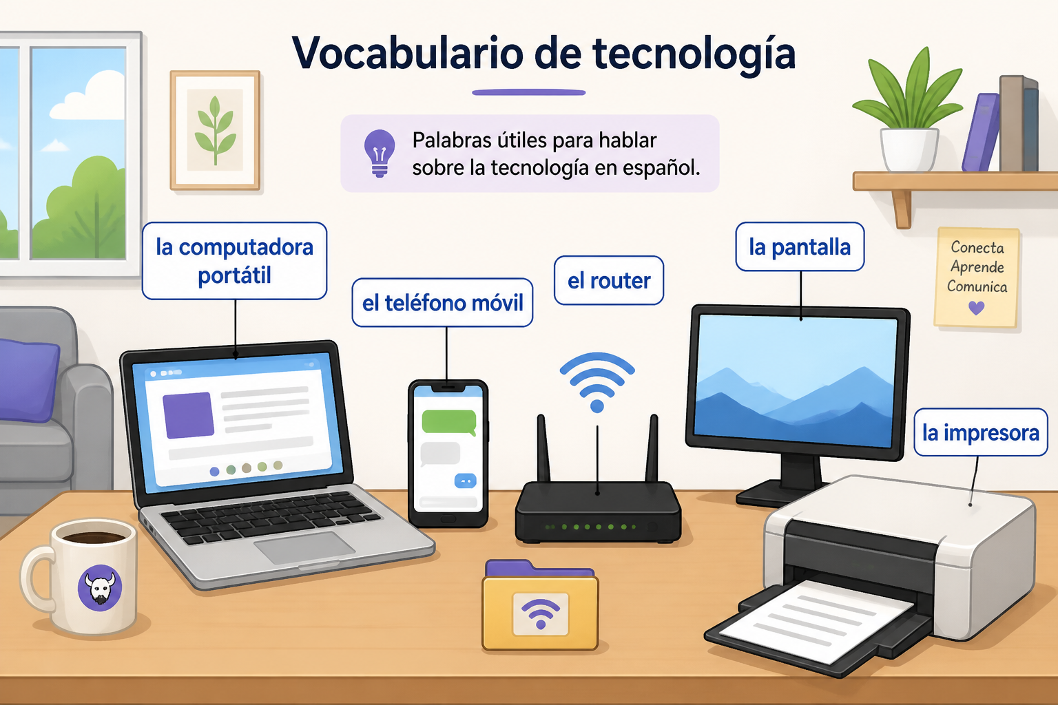 Home and office devices labeled in Spanish