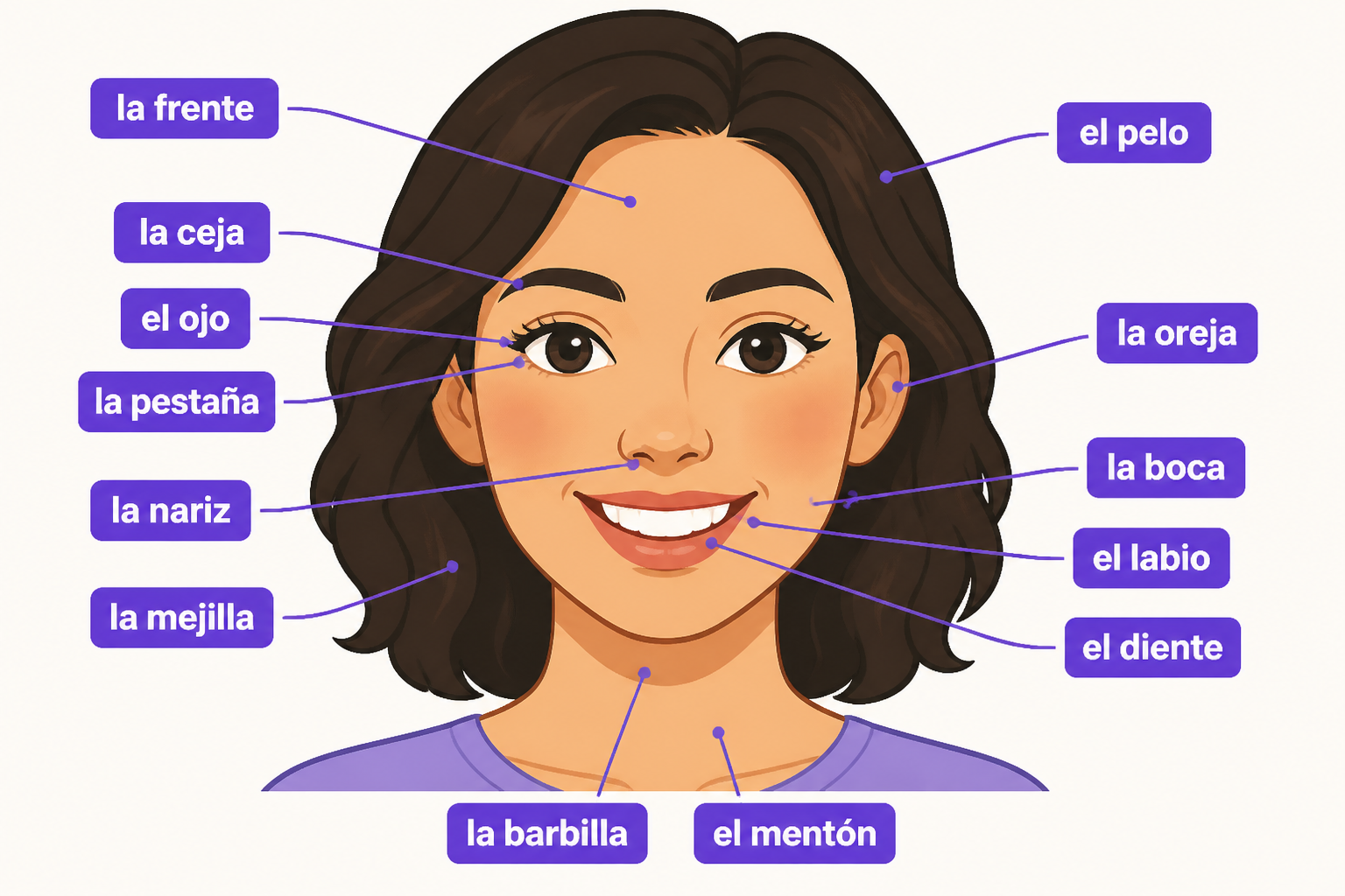 Labeled face close-up with common Spanish vocabulary