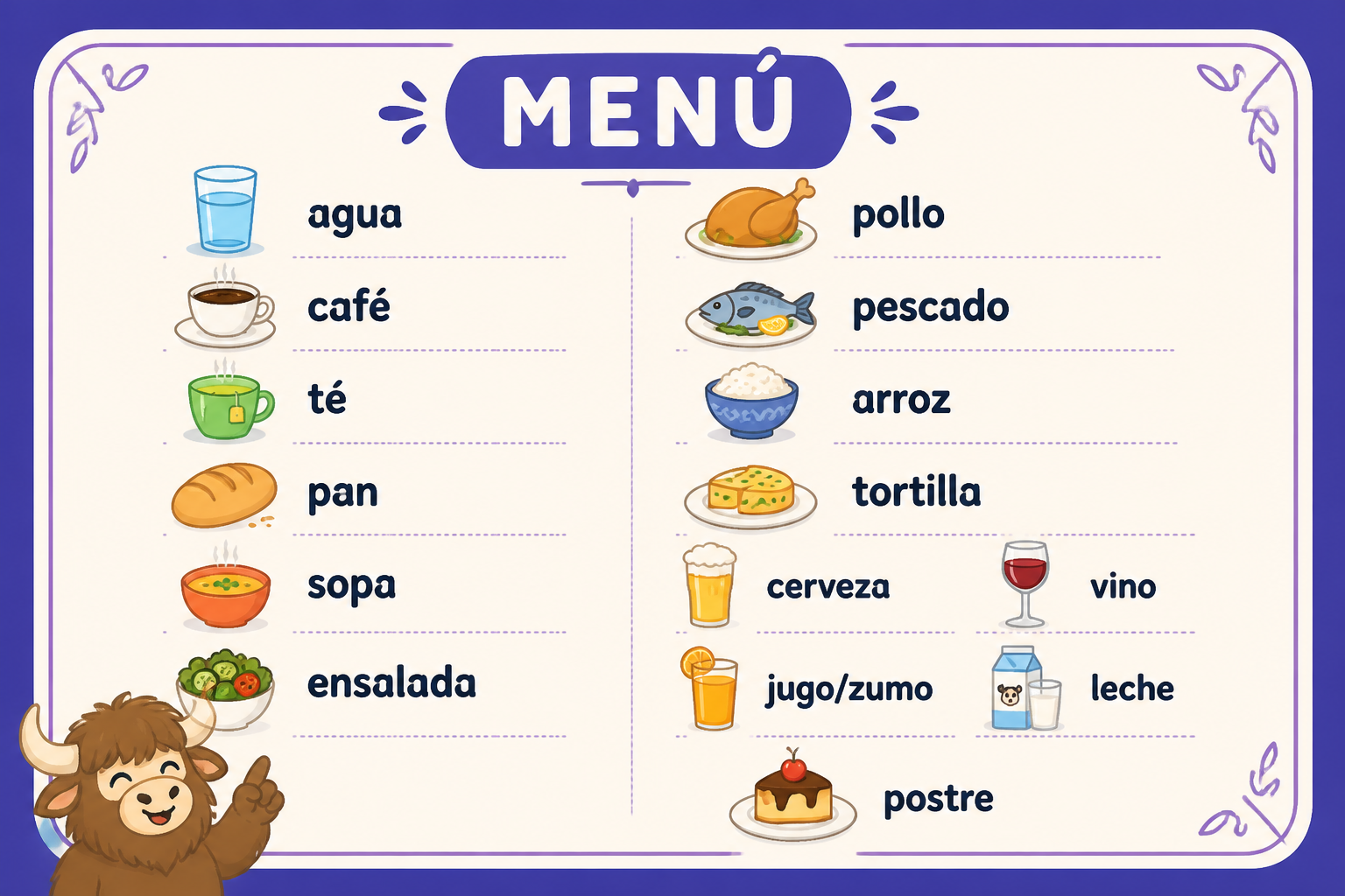 Colorful Spanish restaurant menu with common food and drink items