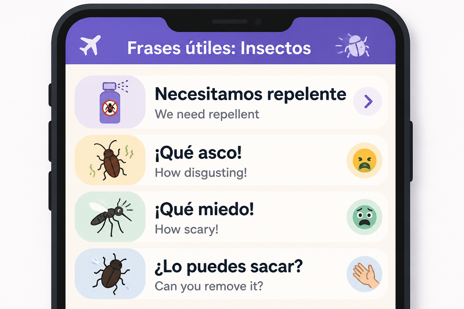 Phone-style card with Spanish bug emergency phrases
