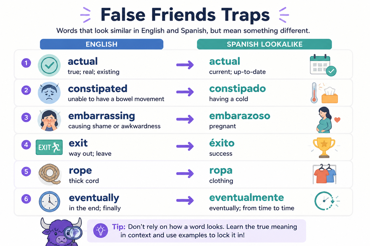Comparison chart of common English-Spanish false friends