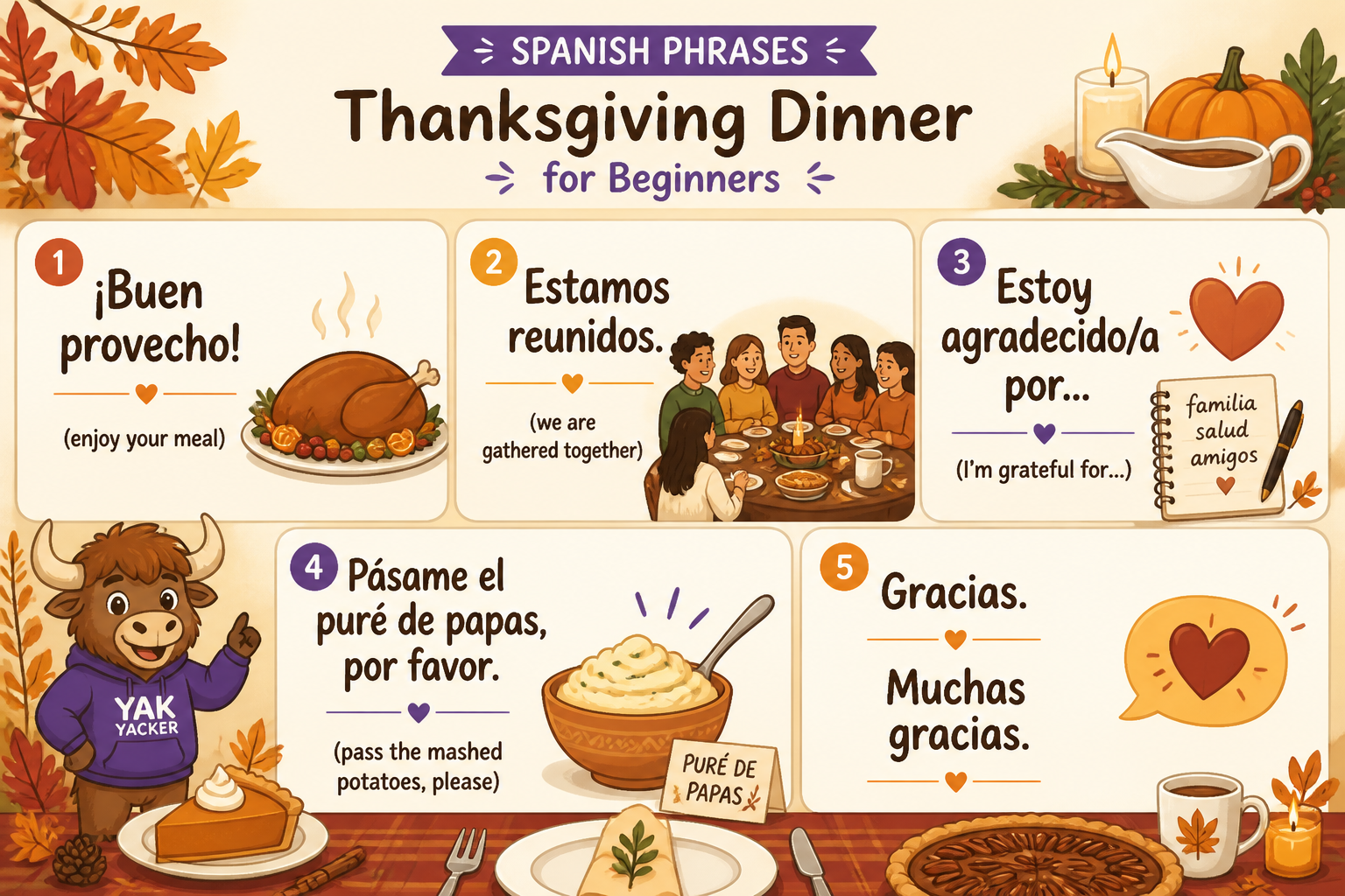 Friendly Thanksgiving dinner phrase cards in Spanish