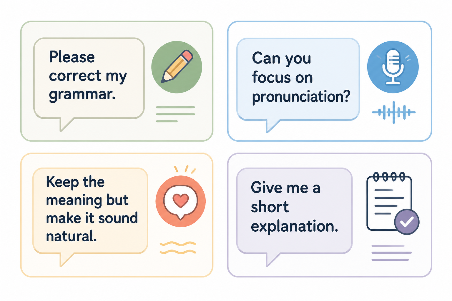 Small dialogue cards showing polite requests for language correction