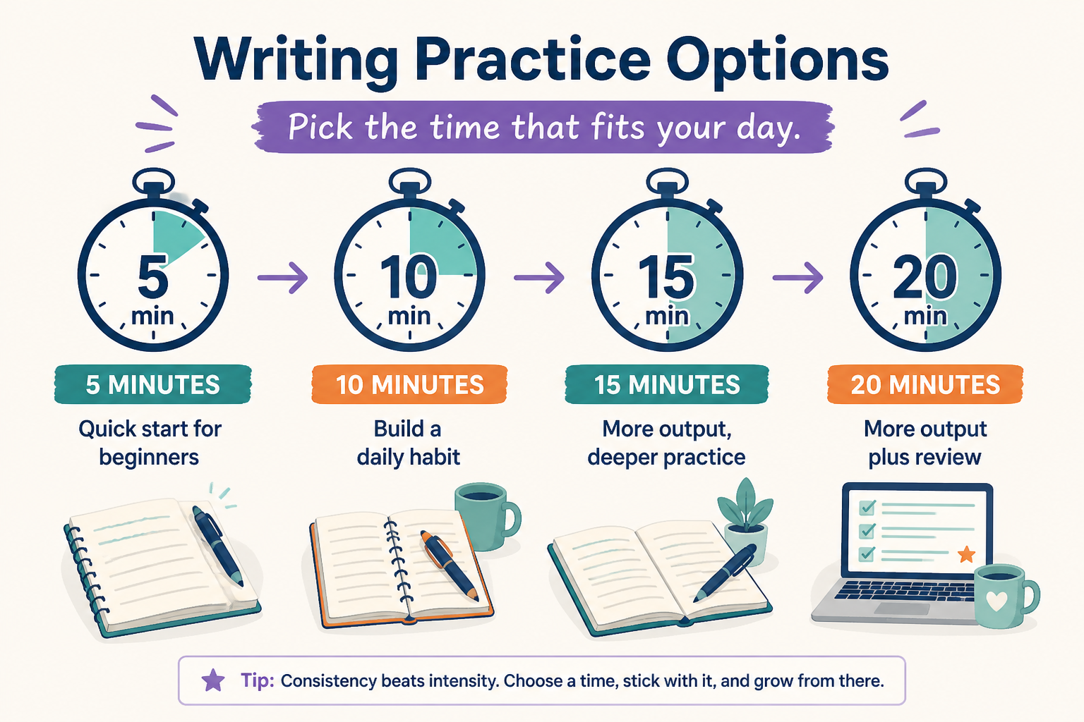 A timer-based guide showing 5, 10, 15, and 20 minute writing practice options.