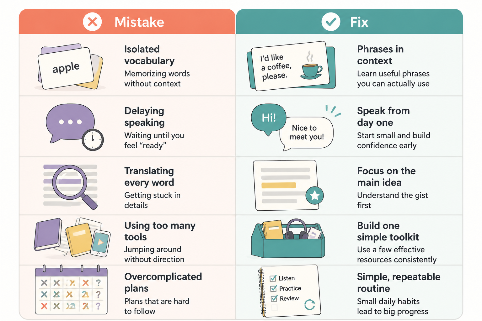 Comparison card showing common language-learning mistakes and better fixes.