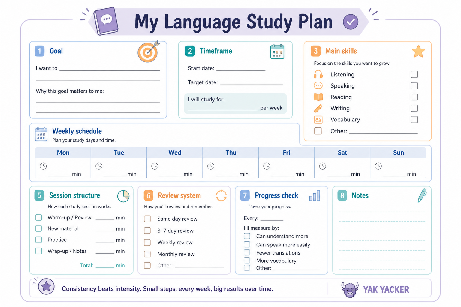 Worksheet-style language study plan template with goal, schedule, review, and progress sections