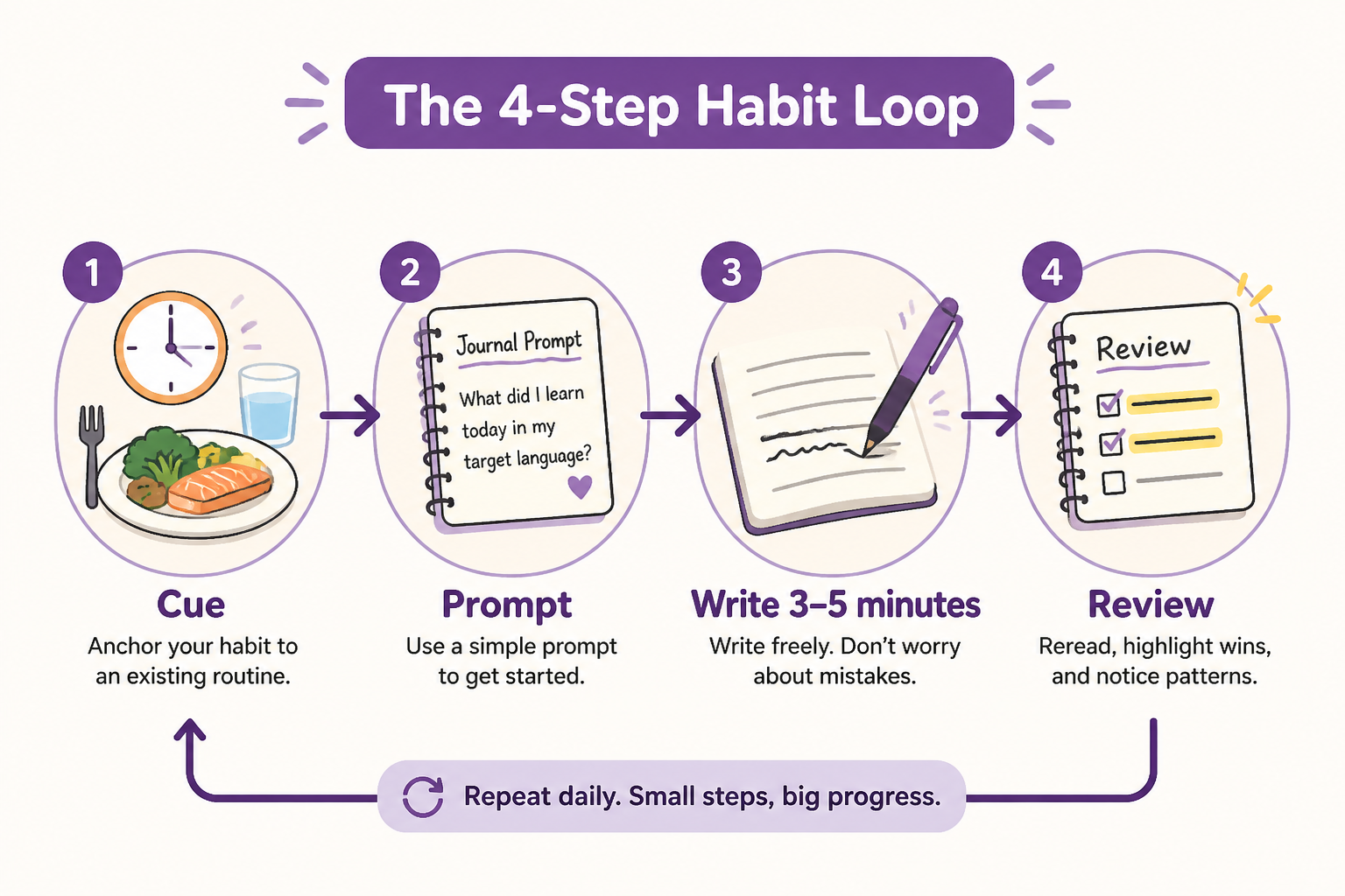 Simple habit loop showing cue, journal prompt, writing, and review