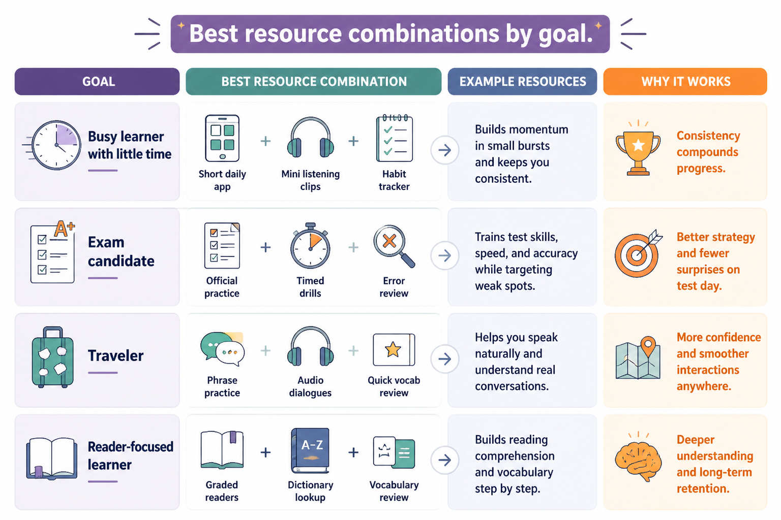 Grid matching learner goals to recommended language-learning resources