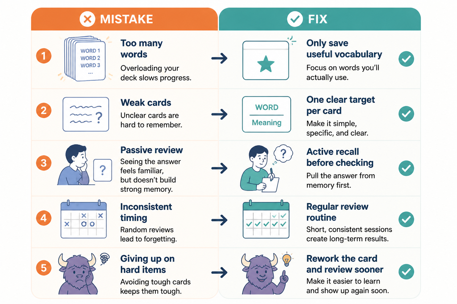 Chart of spaced repetition mistakes and simple fixes
